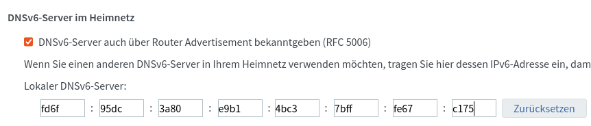 Screenshot der Fritz!Box IPv6 Adressen Einstellungen